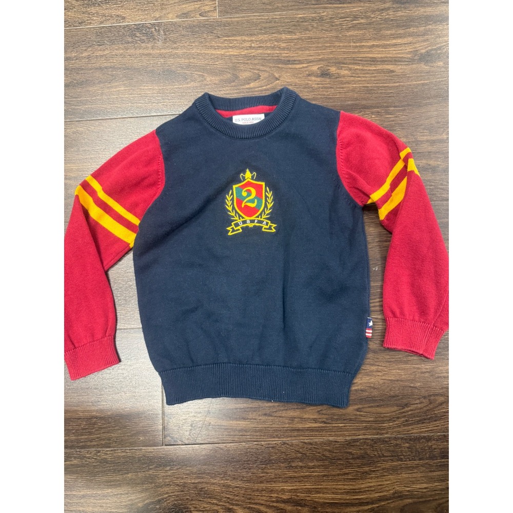 U.S. Polo Assn. Boys Kids XS Colorblock Crest Cotton Knit Sweater Navy Red